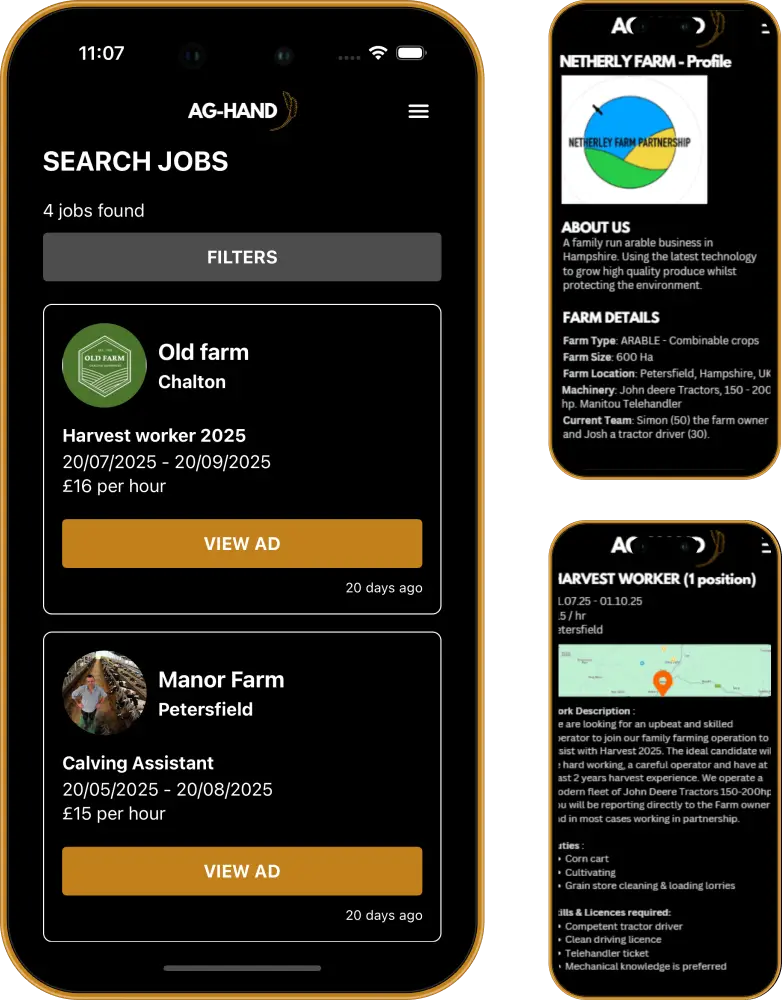 AG-HAND app screenshots showing job listings, worker profiles, and job application process for agricultural workers